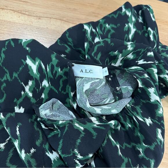 A.L.C Trixie Silk Dress Green Black Printed Bell Sleeve Mini A-Line size 0 - Picture 7 of 10
